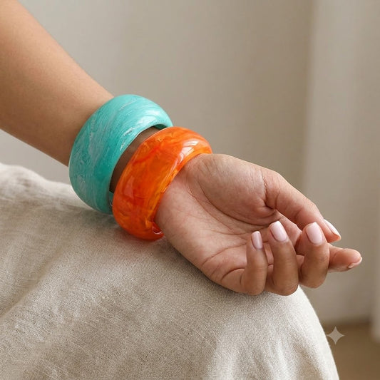 2pc Chunky Orange and Teal Marble Resin Bangle Bracelet Set - Bold Statement