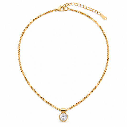 Gold-Tone Stainless Steel Round Crystal Pendant Necklace
