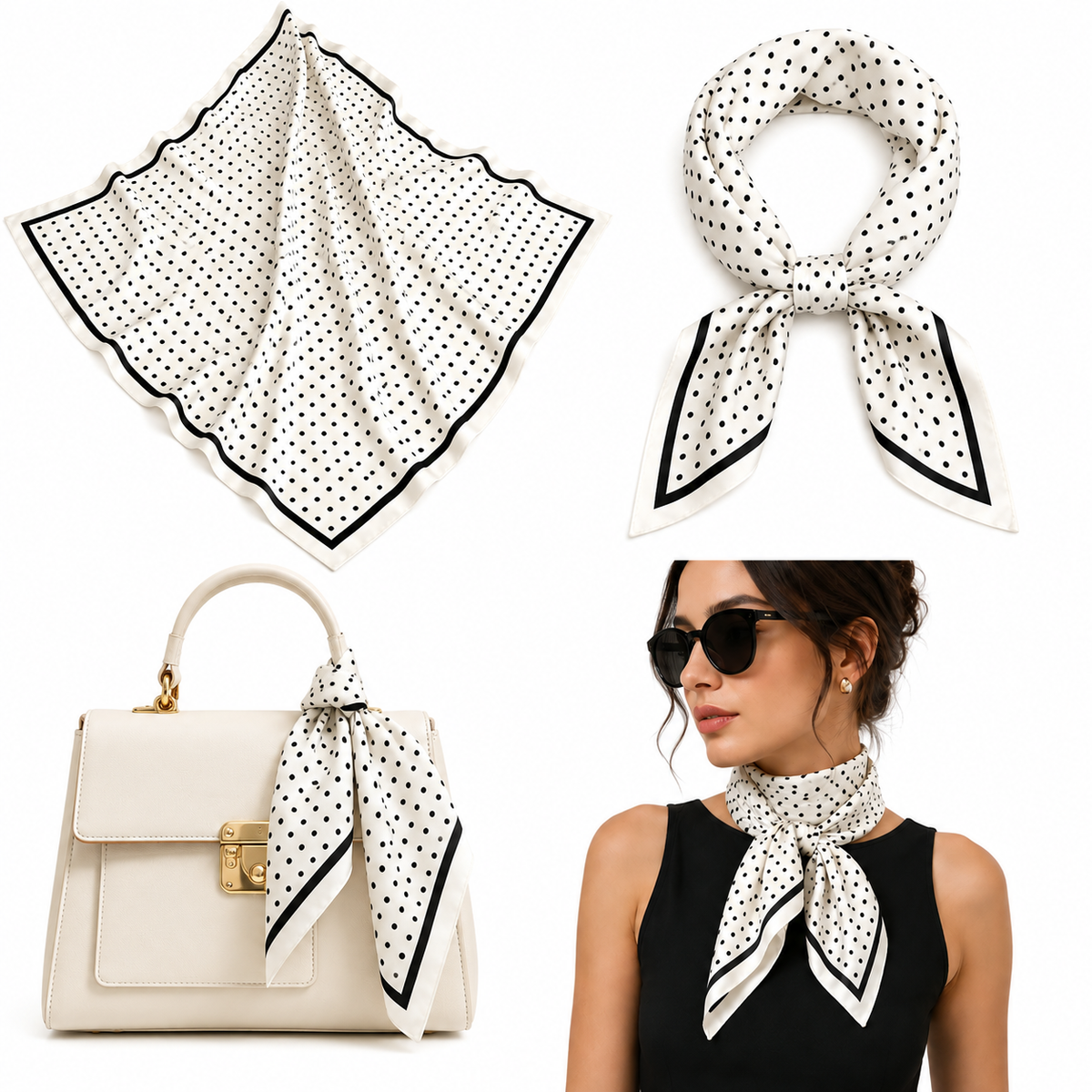 Women's 35" Silky Feel Square Polka Dot Scarf – Black & White