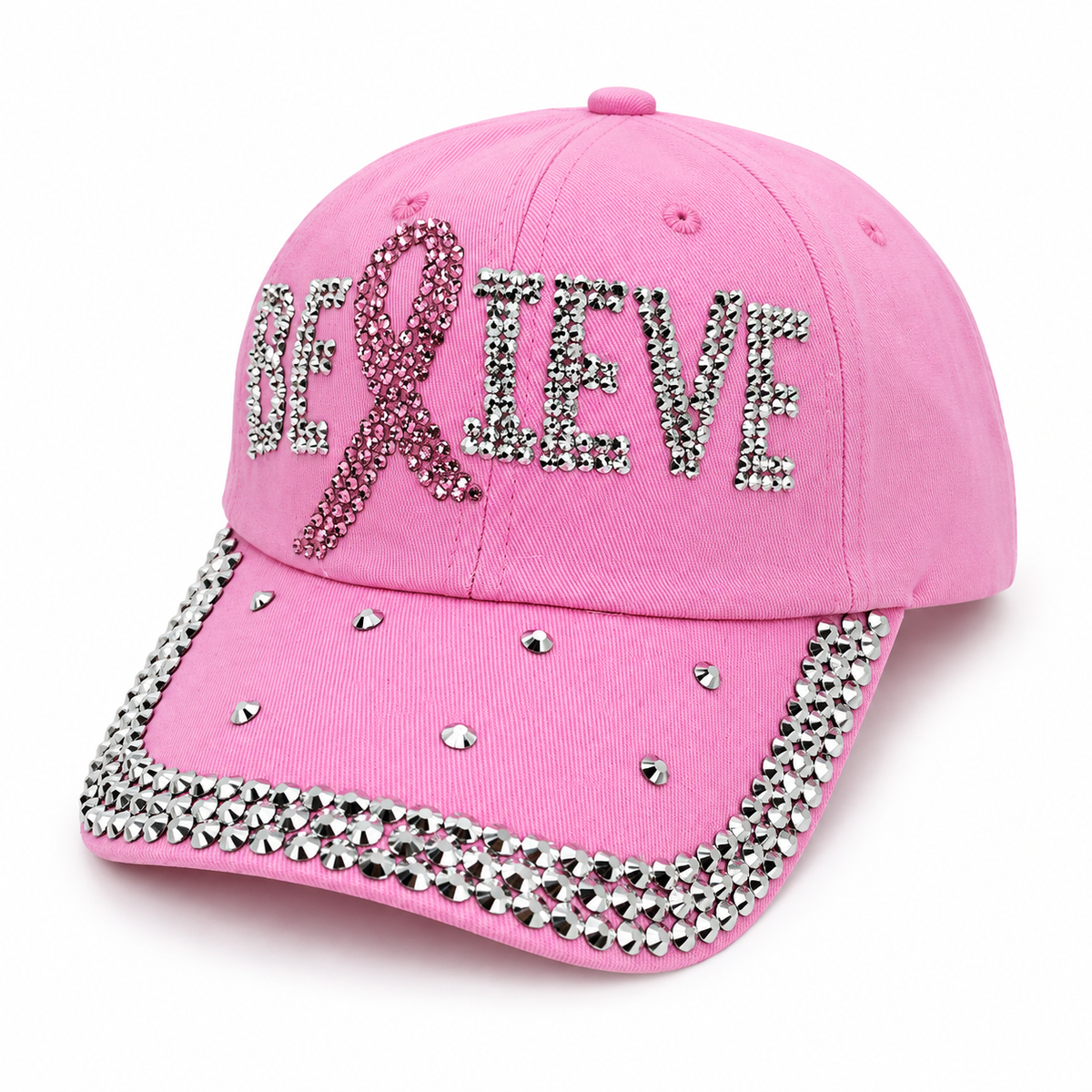 Pink Rhinestone Believe Ribbon Cotton Baseball Cap