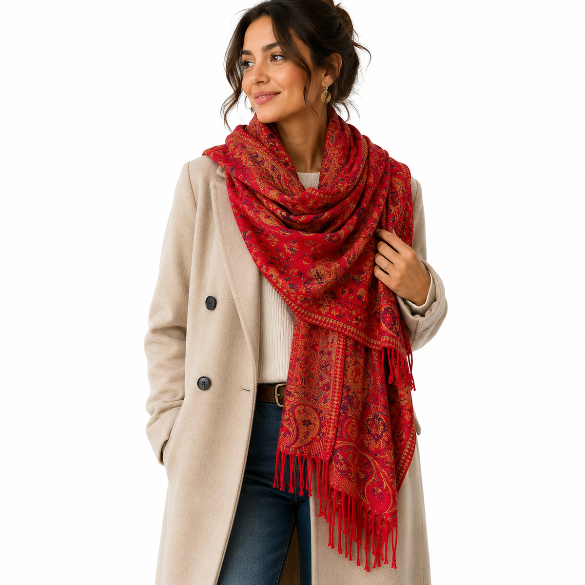 Red Paisley Pashmina Scarf | Cashmere-Feel Reversible Shawl Wrap with Tassels