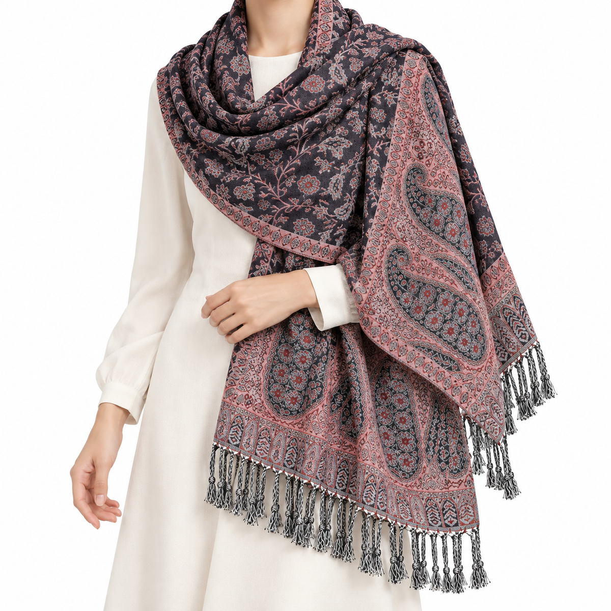 Women’s Black & Pink Floral Paisley Scarf with Fringe