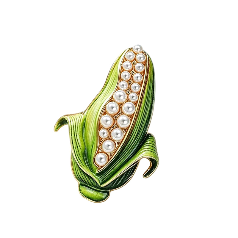 Pearl Corn Brooch – Green Enamel & Faux Pearl Novelty Pin