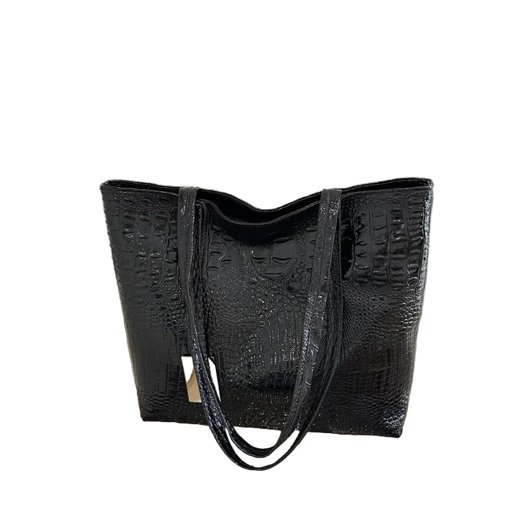 Black Croc-Embossed Glossy Tote Bag | Large Shoulder Handbag for Women