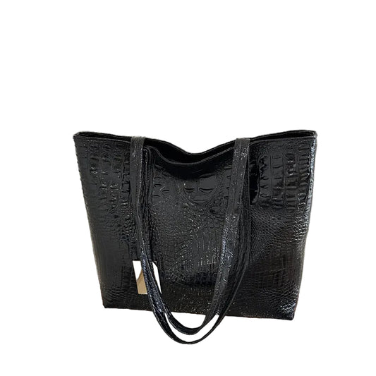 Black Croc-Embossed Glossy Tote Bag | Large Shoulder Handbag for Women