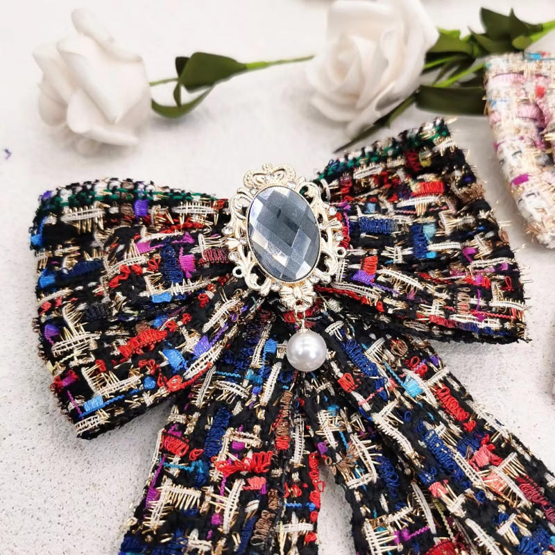 Oversized Tweed Bow Brooch Set with Faux Pearl Drops – Black & Cream, 2 Pieces