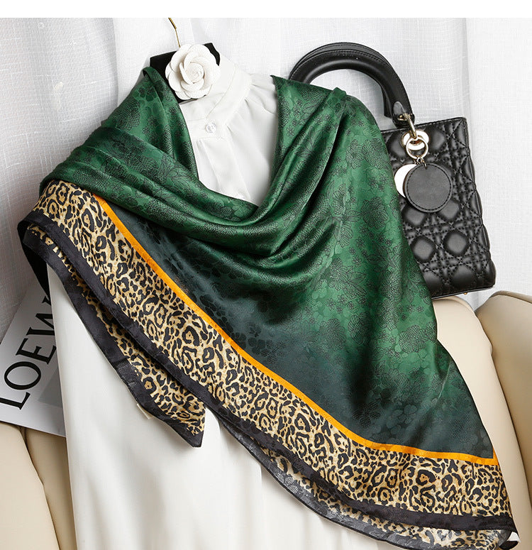Emerald Green Floral & Leopard Border Silk-Feel Square Scarf