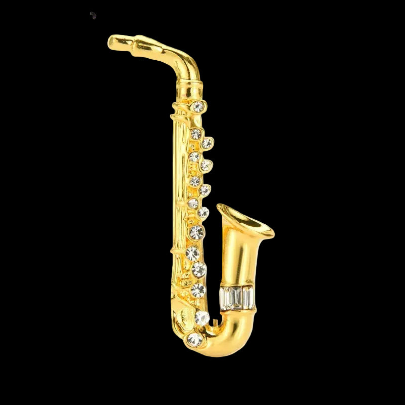 Gold Saxophone Brooch with Crystal Rhinestone Accents