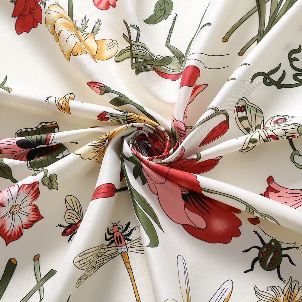 100% Silk Twill Floral Square Scarf 51" x 51" Cream Botanical Print