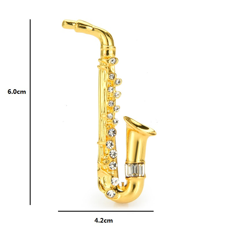 Gold Saxophone Brooch with Crystal Rhinestone Accents