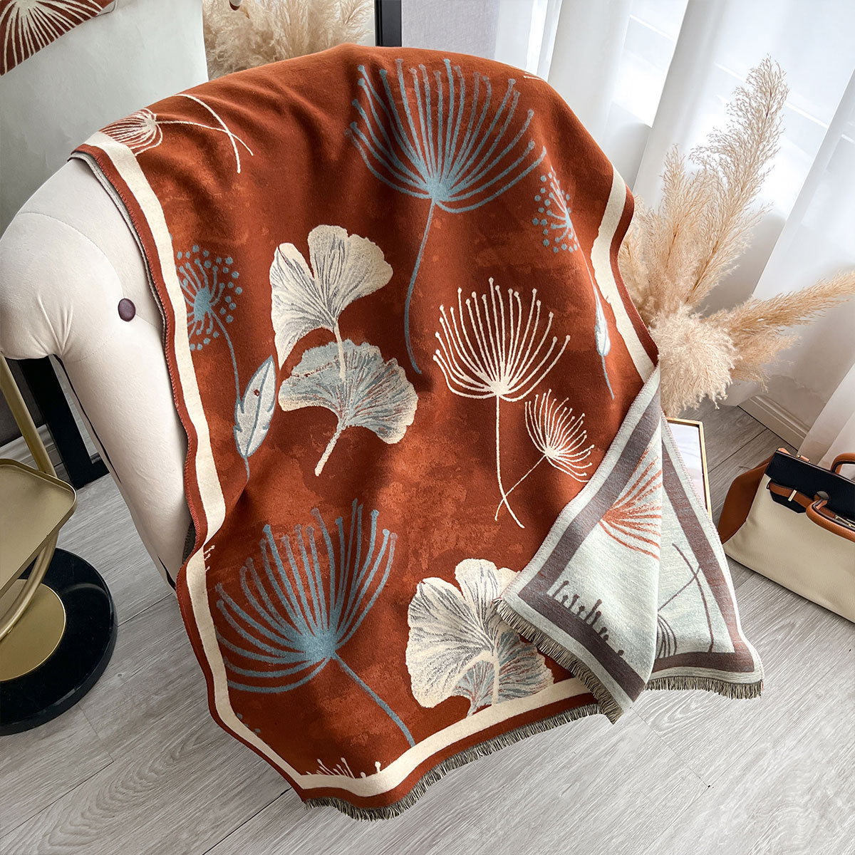 Floral Jacquard Oversized Wrap Scarf in Beige, Blue and Terracotta