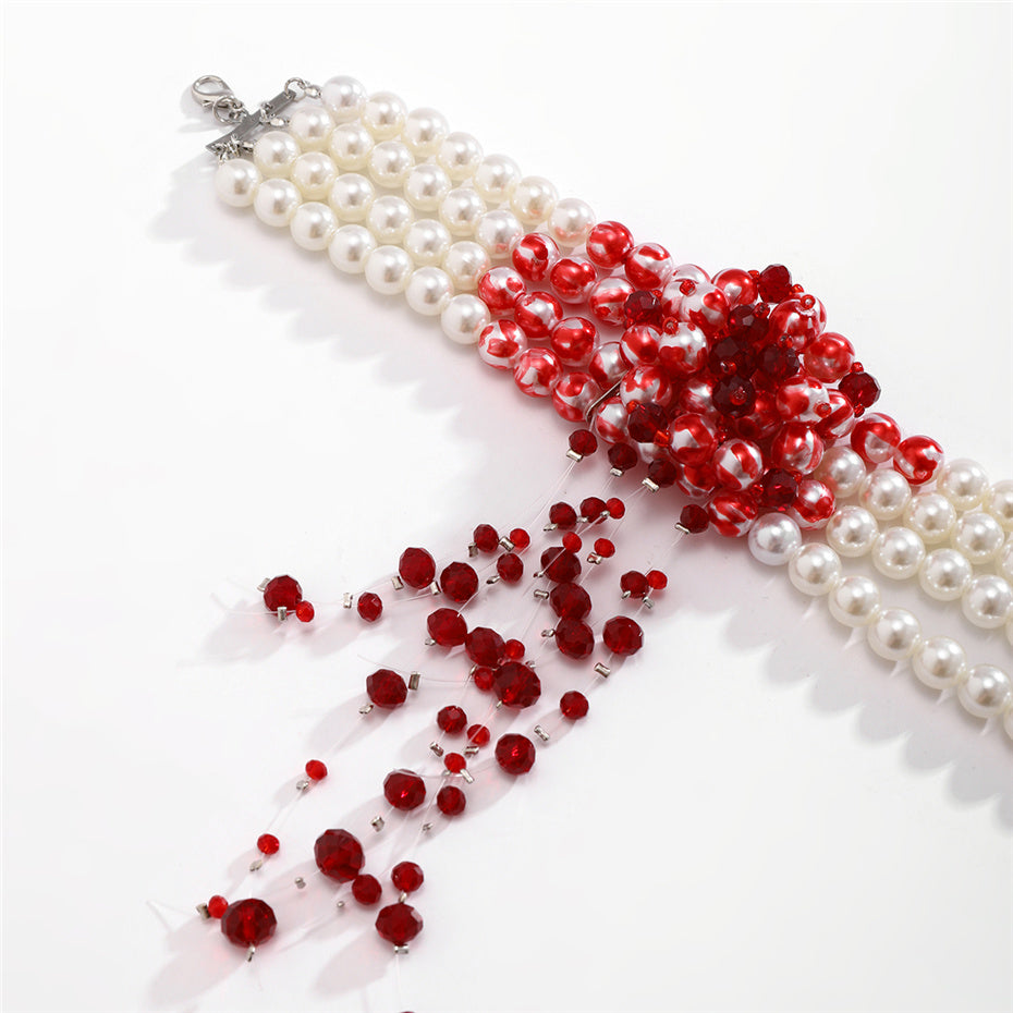 Red and White Beaded Statement Necklace