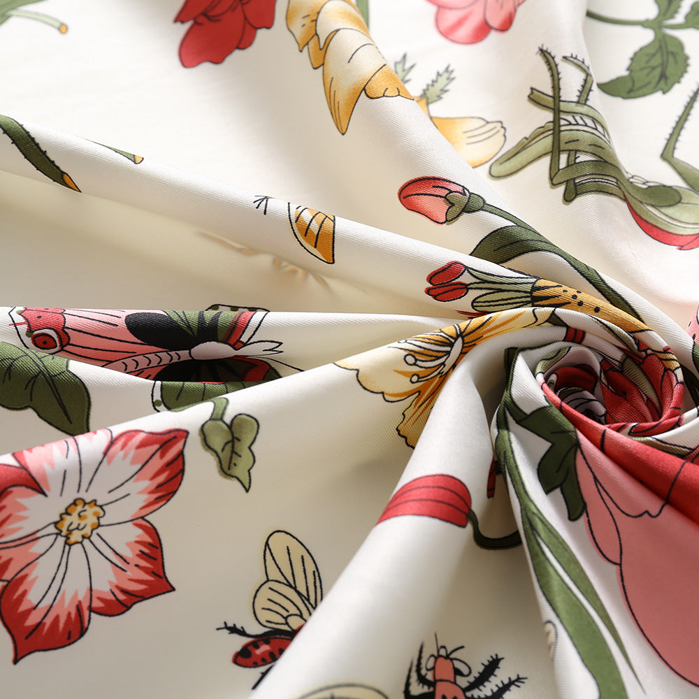100% Silk Twill Floral Square Scarf 51" x 51" Cream Botanical Print
