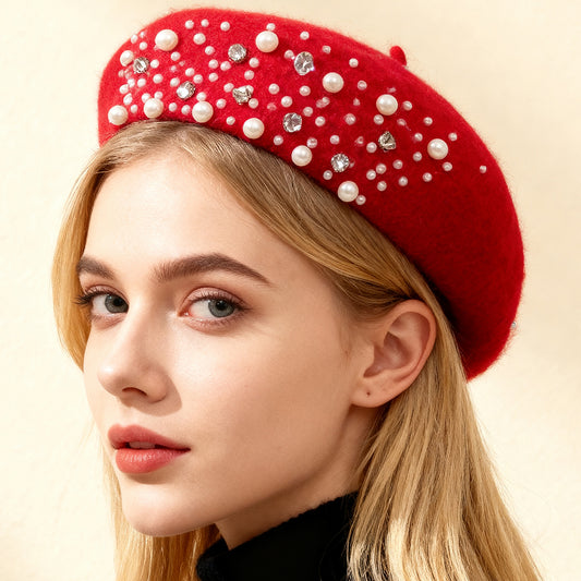 Red Beret Hat with Faux Pearls & Rhinestones