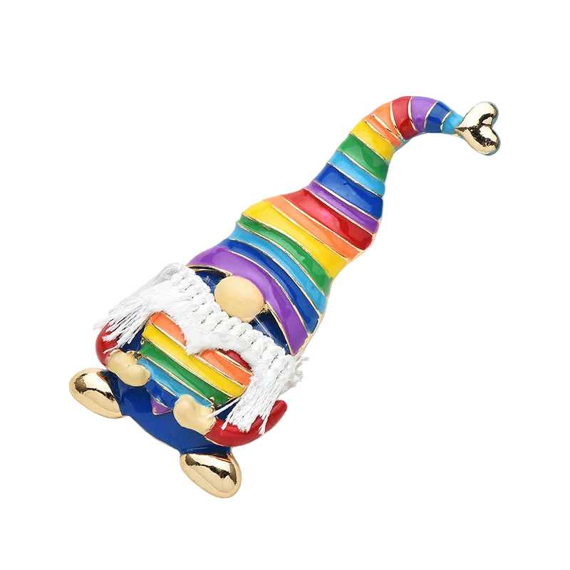 Rainbow Striped Gnome Brooch with Gold Heart