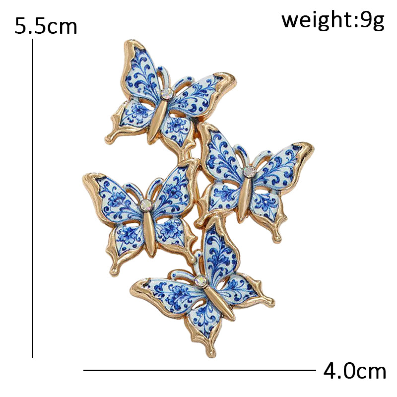 Blue and White Porcelain Style Butterfly Cluster Brooch Gold Tone Enamel Pin