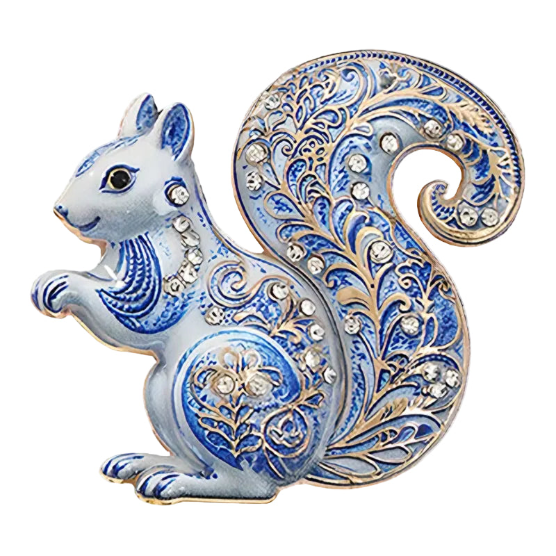 2pcs Squirrel Brooch Set Enamel Crystal Animal Pins Blue Orange Woodland Jewelry Gift