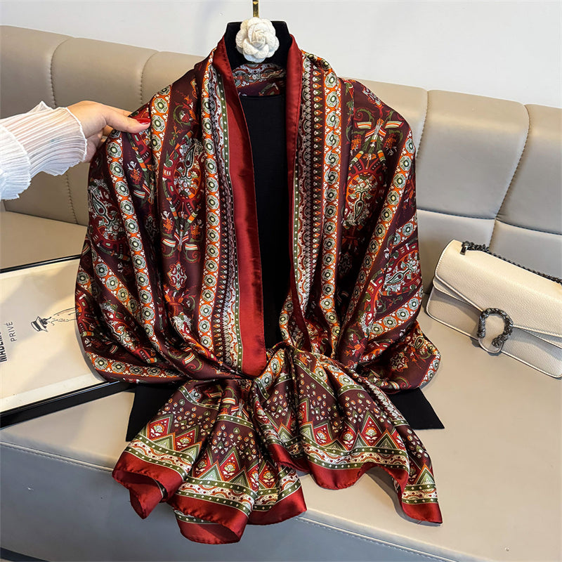 Baroque Paisley Print Silk-Feel Long Scarf | Navy & Burgundy Wrap