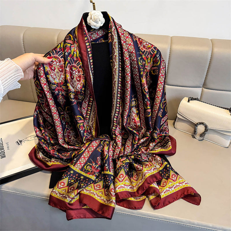 Baroque Paisley Print Silk-Feel Long Scarf | Navy & Burgundy Wrap