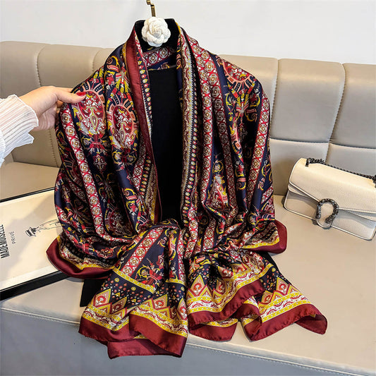 Baroque Paisley Print Silk-Feel Long Scarf | Navy & Burgundy Wrap