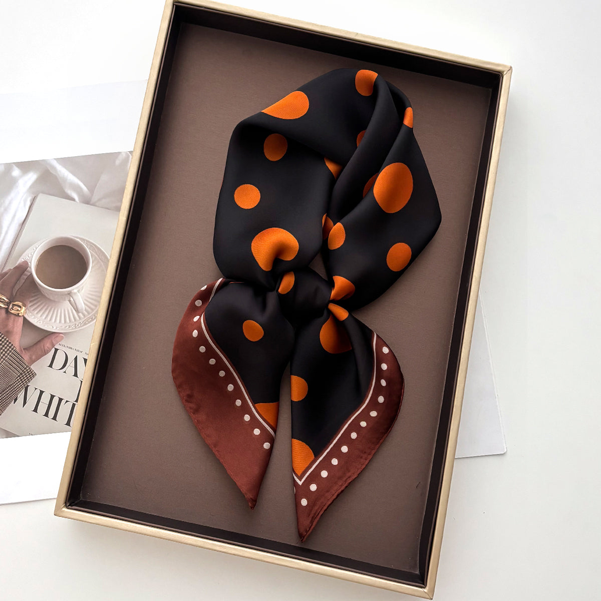 Black & Orange Polka Dot Silk-Feel Square Scarf