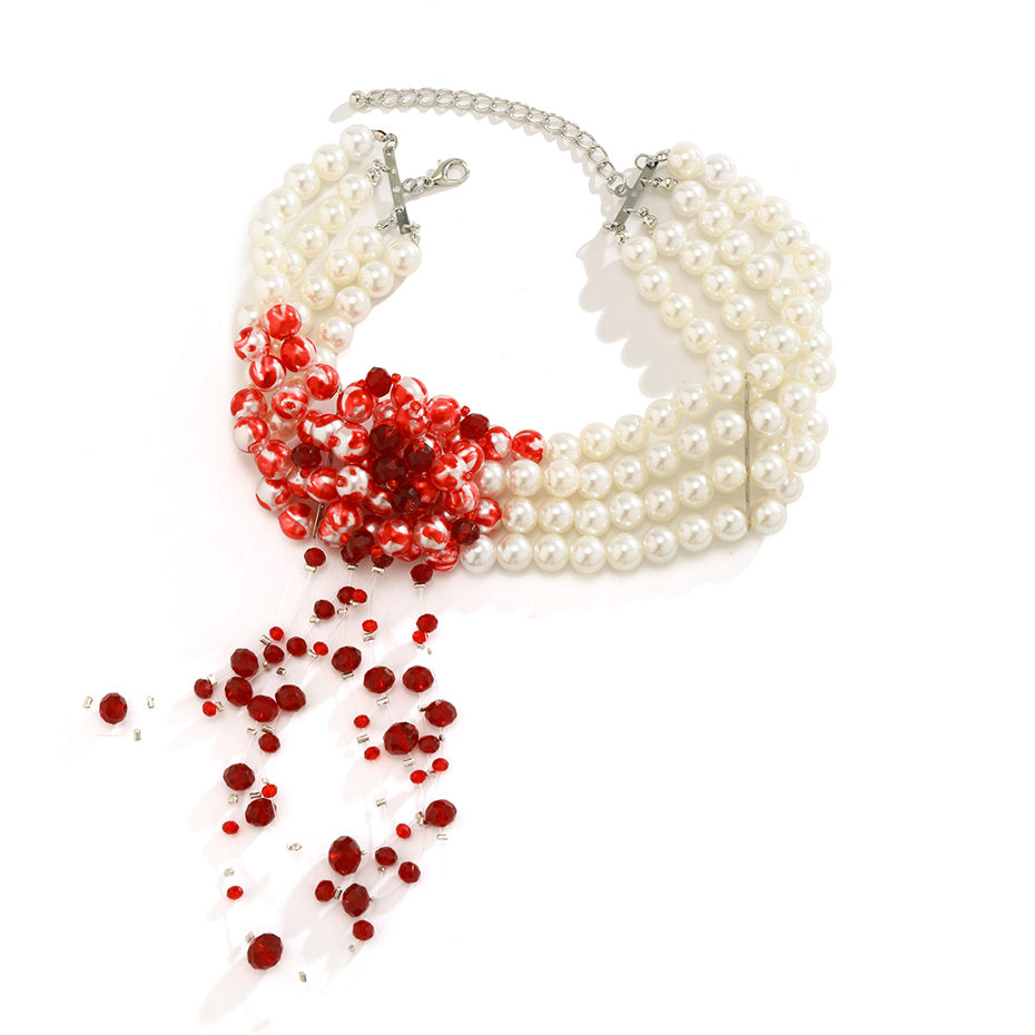 Red and White Beaded Statement Necklace