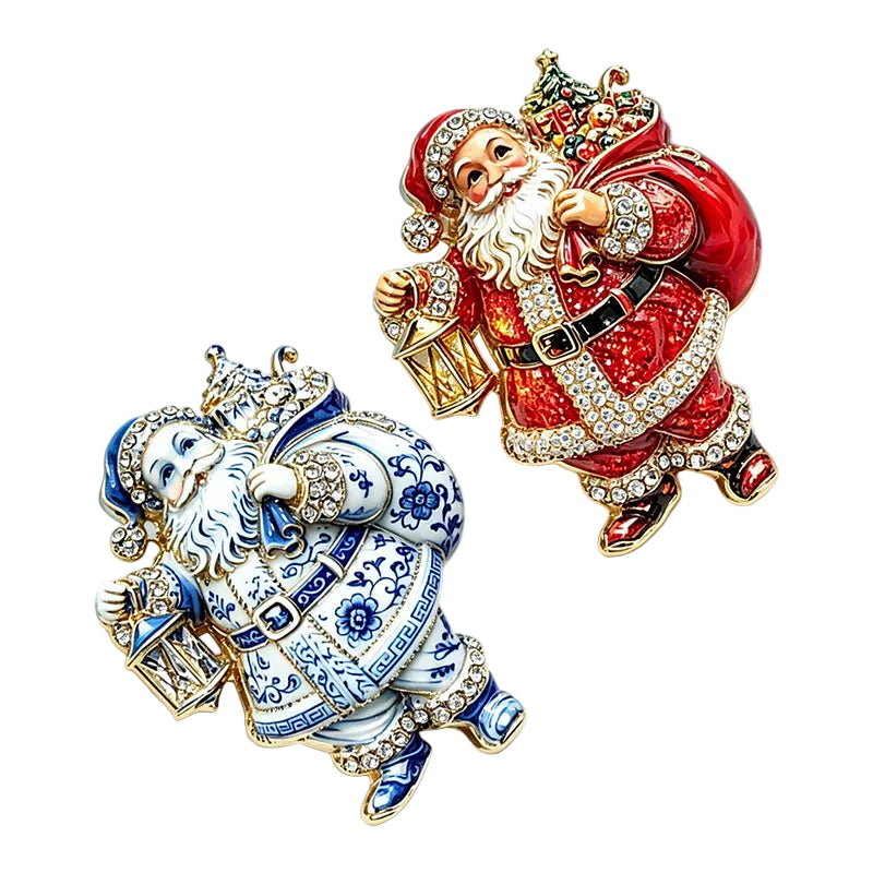 2PCS Santa Claus Rhinestone Enamel Brooch Pin Set – Red & Blue Porcelain Holiday Brooches