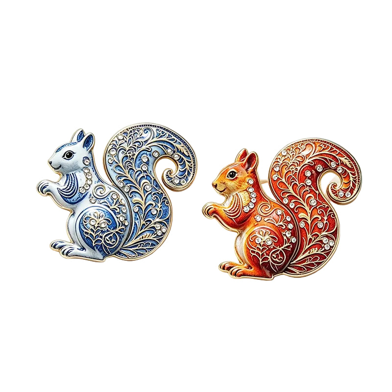 2pcs Squirrel Brooch Set Enamel Crystal Animal Pins Blue Orange Woodland Jewelry Gift