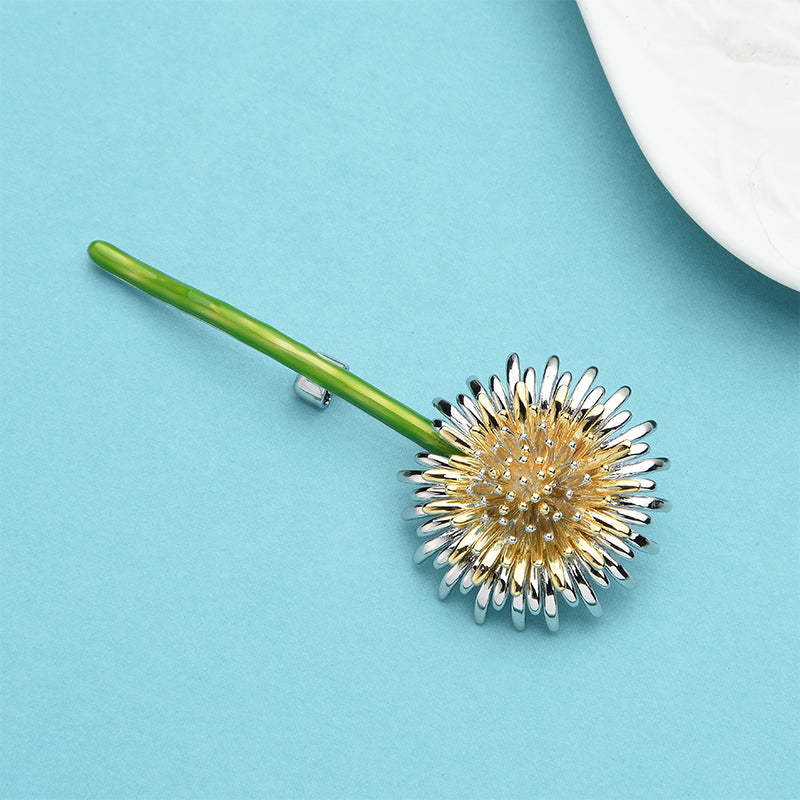 Dandelion Flower Brooch with Green Enamel Stem