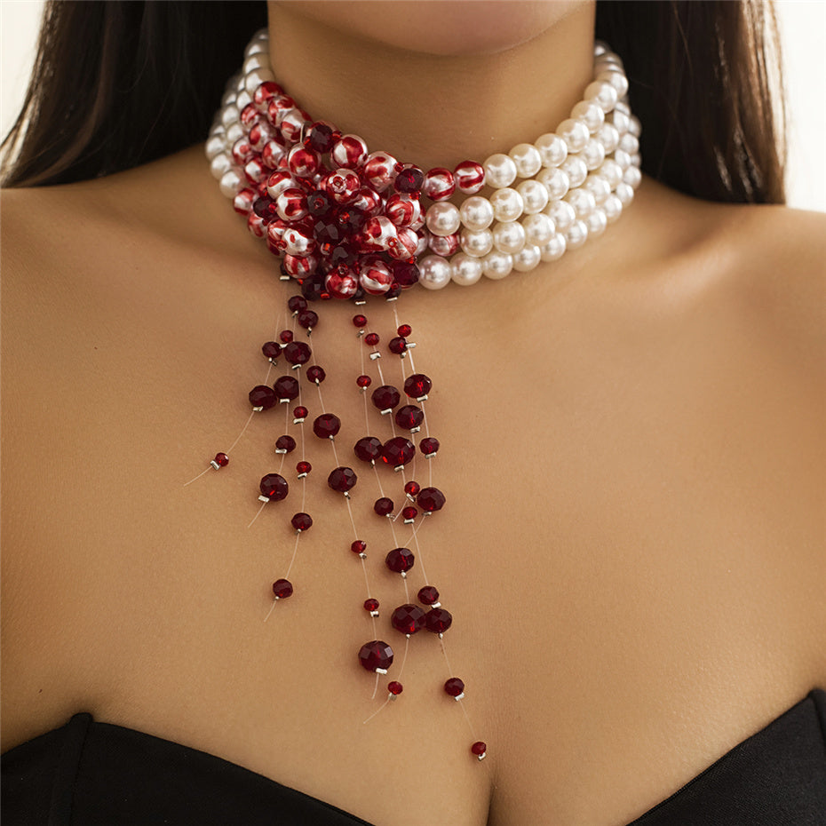 Red and White Beaded Statement Necklace