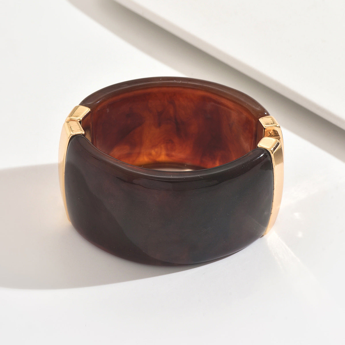 Wide Brown Bangle Bracelet with Gold-Tone Accents