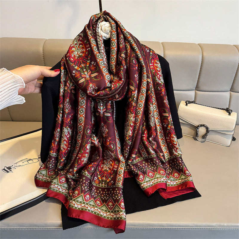 Baroque Paisley Print Silk-Feel Long Scarf | Navy & Burgundy Wrap