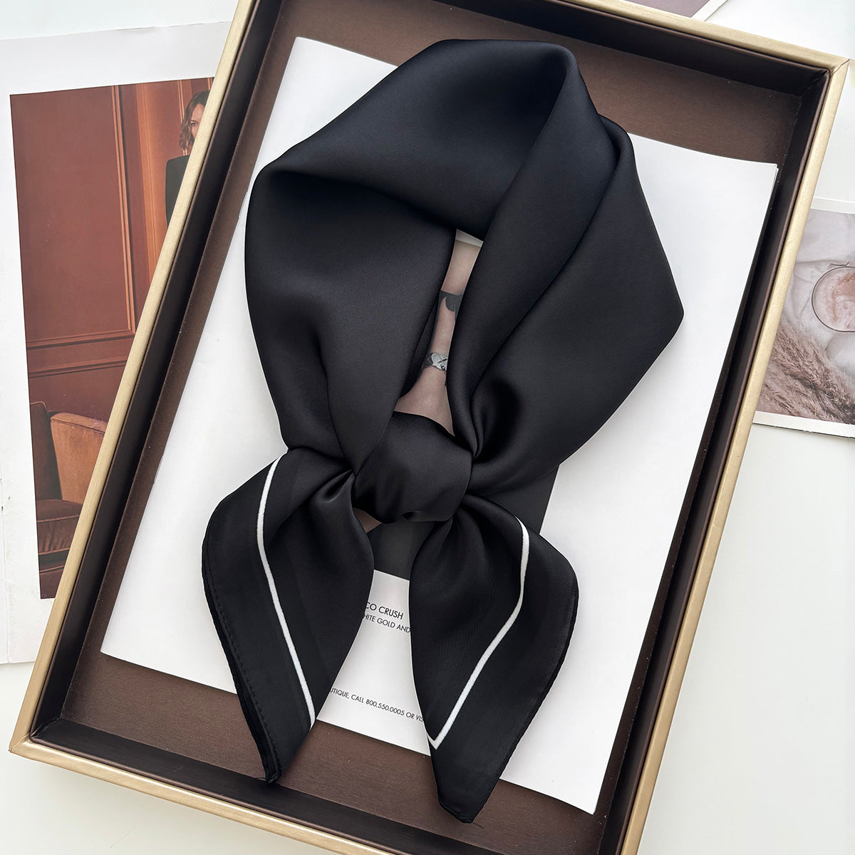 Black Square Silk-Feel Scarf – Minimalist White Border Neck Wrap