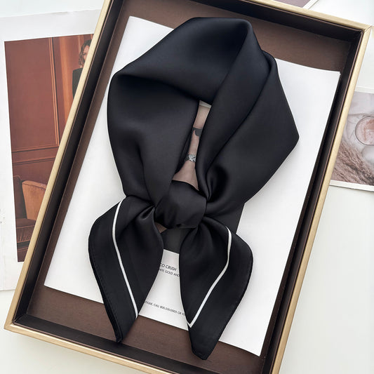 Black Square Silk-Feel Scarf – Minimalist White Border Neck Wrap