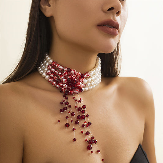 Red and White Beaded Statement Necklace