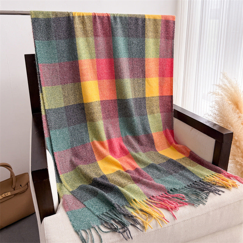 Rainbow Plaid Tassel Scarf – Colorblock Wrap Shawl