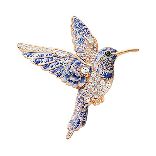 Hummingbird Brooch Pin | Blue Floral Enamel & Rhinestone | Gold Tone | 3" x 3"
