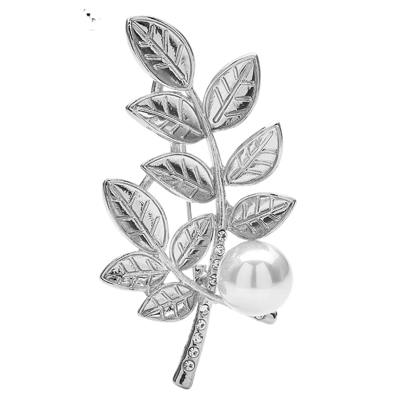 Leaf Pearl Brooch Pin | Rhinestone Botanical Lapel Pin