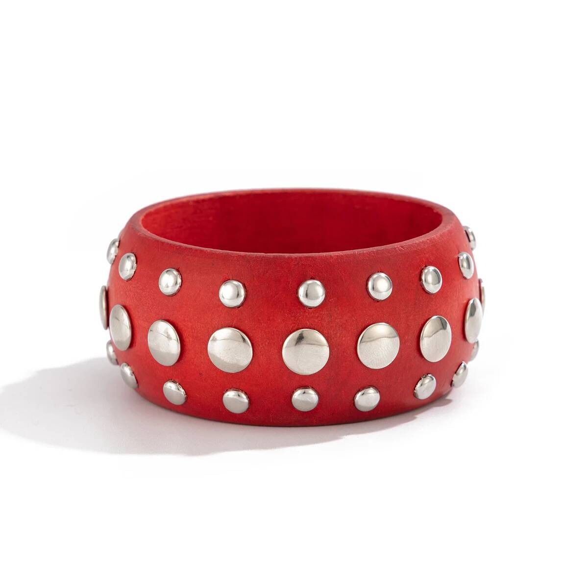 Red Wide Bangle Bracelet with Silver-Tone Studs