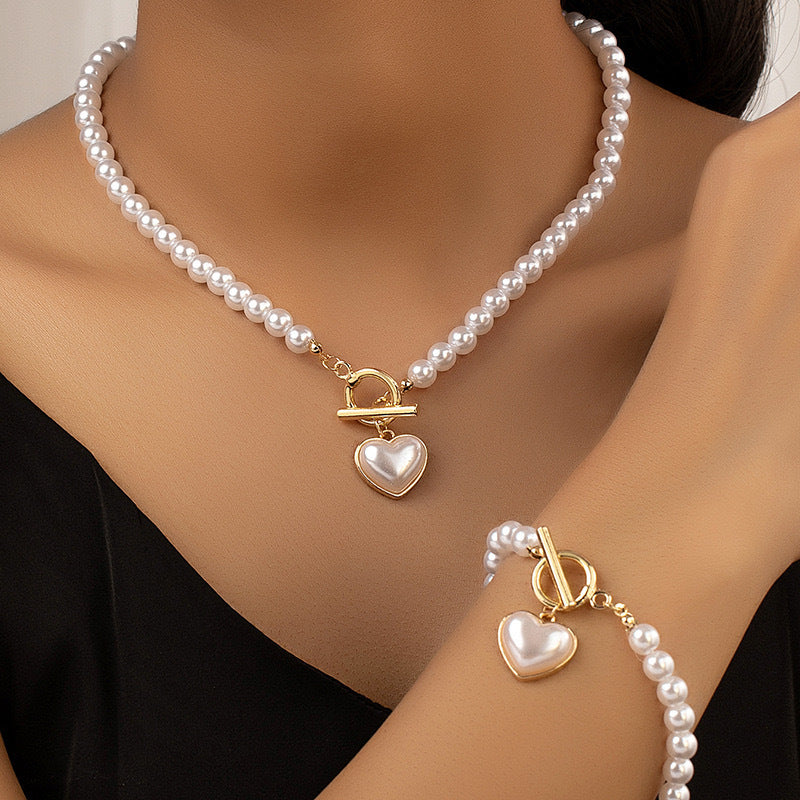 Pearl Heart Pendant Necklace & Bracelet Set