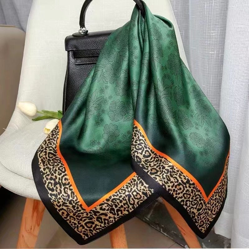 Emerald Green Floral & Leopard Border Silk-Feel Square Scarf