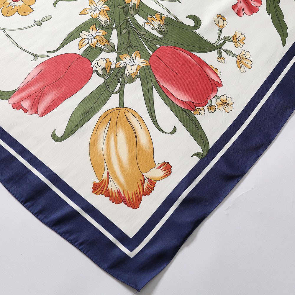 100% Silk Twill Floral Square Scarf 51" x 51" Cream Botanical Print