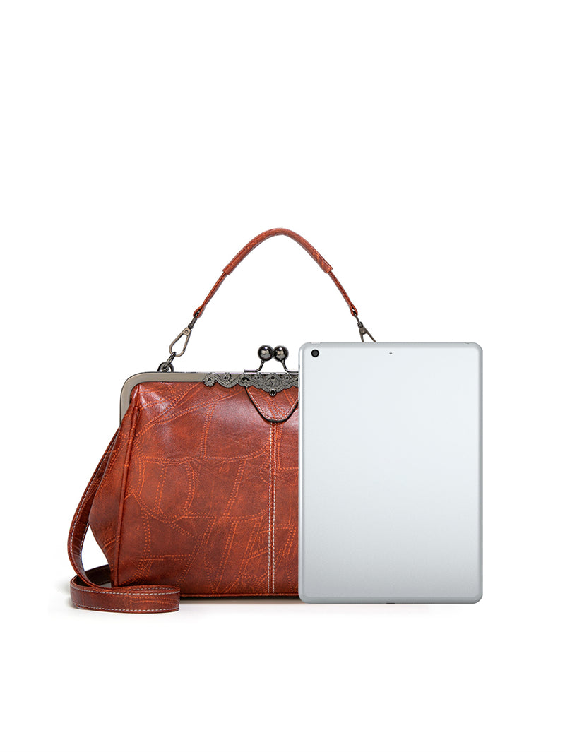Vintage Kiss-Lock Crossbody Bag – Embossed Vegan Leather, 11" x 9"