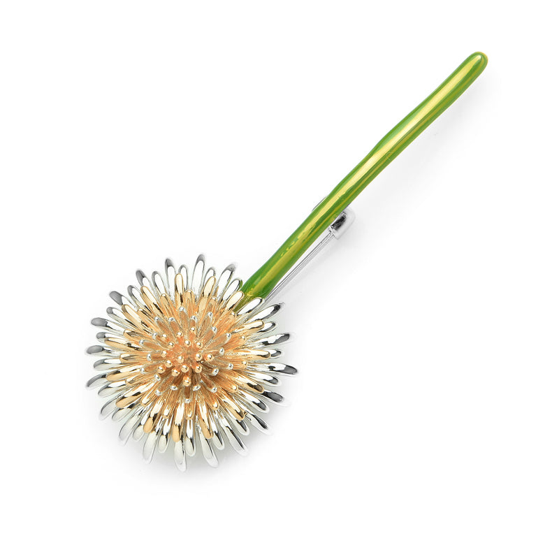 Dandelion Flower Brooch with Green Enamel Stem