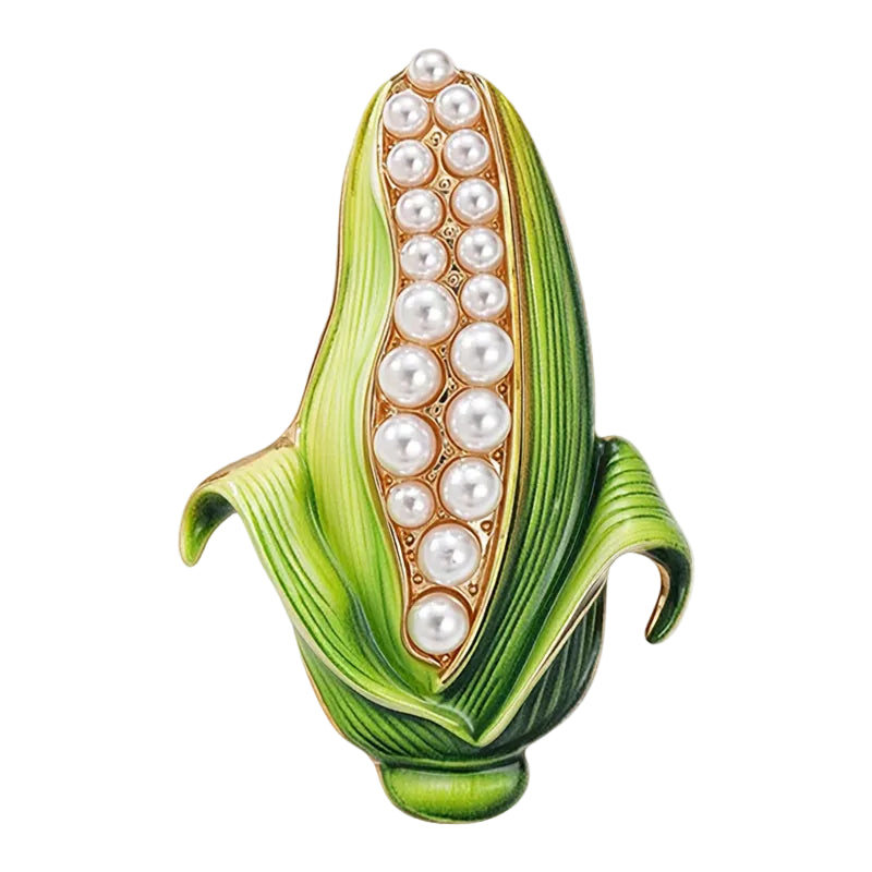 Pearl Corn Brooch – Green Enamel & Faux Pearl Novelty Pin