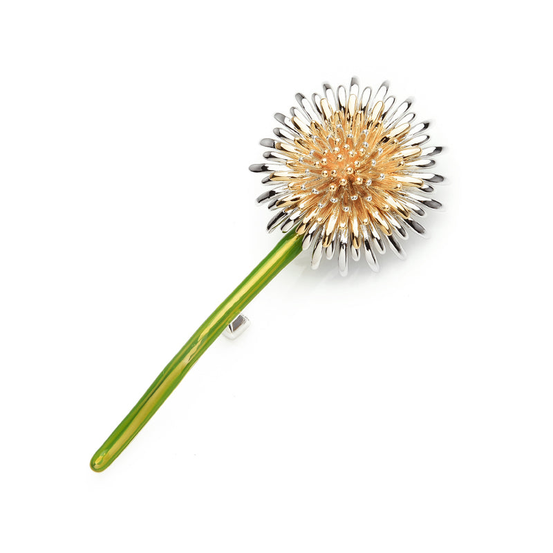 Dandelion Flower Brooch with Green Enamel Stem