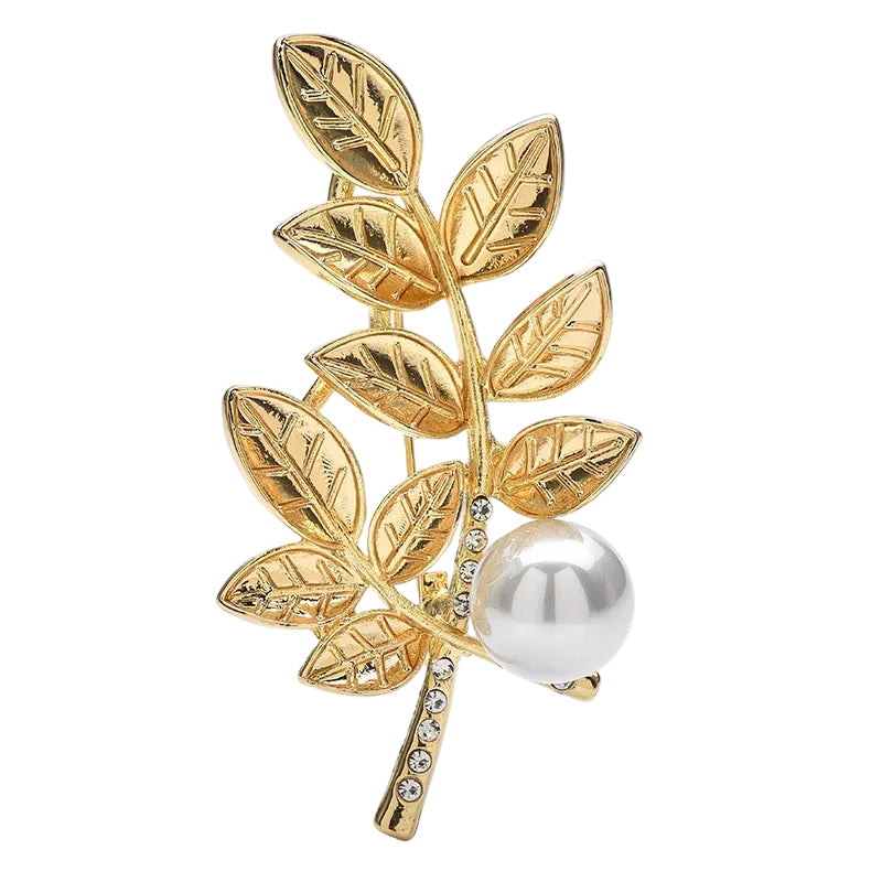 Leaf Pearl Brooch Pin | Rhinestone Botanical Lapel Pin