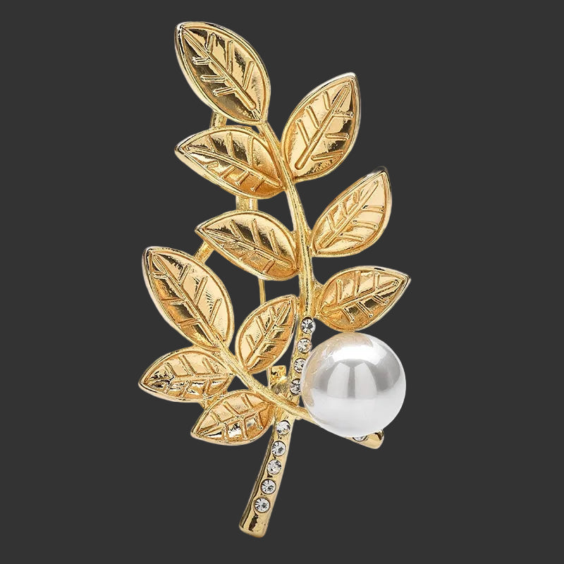Leaf Pearl Brooch Pin | Rhinestone Botanical Lapel Pin