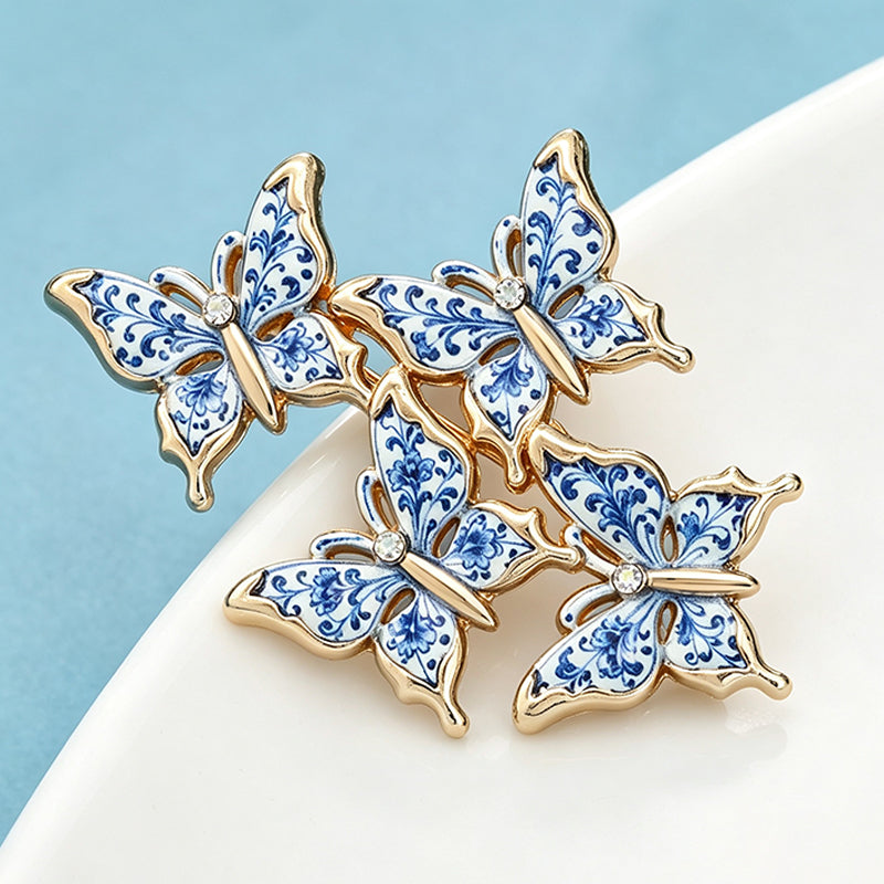 Blue and White Porcelain Style Butterfly Cluster Brooch Gold Tone Enamel Pin