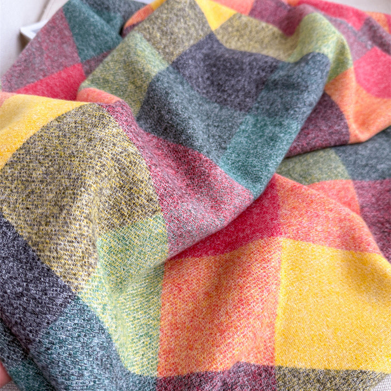Rainbow Plaid Tassel Scarf – Colorblock Wrap Shawl